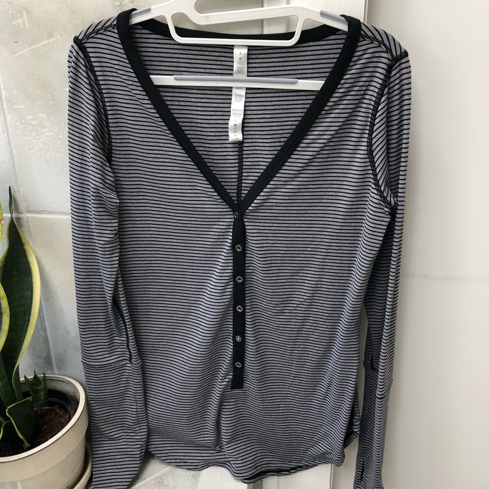 lululemon athletica Black and White Striped Long Sleeve Henley Top